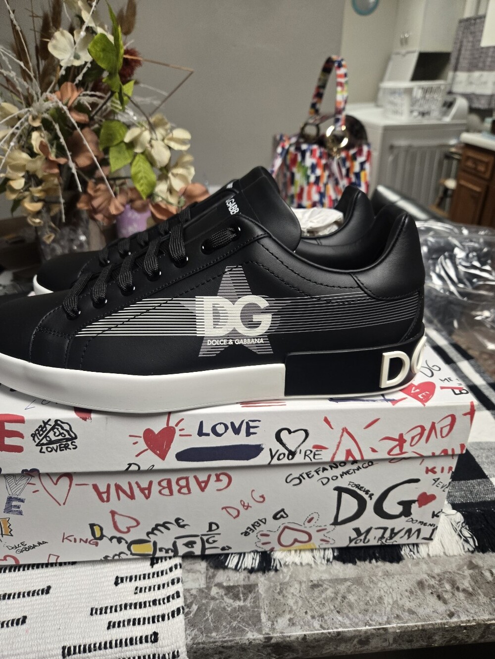 Dolce & Gabbana Black and White DG Logo Leather Sneakers